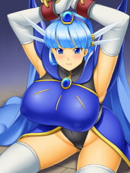 Rule 34 | 1990s (style), 1girl, angry, armpits, arms up, bdsm, blue eyes, blue hair, blush, bondage, bound, breasts, cameltoe, covered erect nipples, curvy, female focus, frown, gradient background, huge breasts, kawanuma uotsuri, leotard, long hair, looking at viewer, magic knight rayearth, matching hair/eyes, restrained, retro artstyle, ryuuzaki umi, sitting, solo, thick thighs, thighhighs, thighs, wide hips