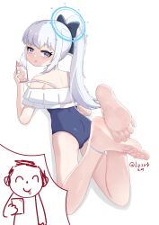 Rule 34 | 1boy, 1girl, barefoot, blue archive, blush, feet, grey eyes, grey hair, highres, long hair, looking at viewer, lying, miyako (blue archive), on stomach, parted lips, ponytail, sensei (blue archive), soles, stocking (artist), toes