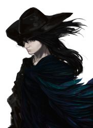 Rule 34 | 1girl, black hair, black hat, blue cloak, blue eyes, cloak, closed mouth, copyright request, feathers, hat, one eye covered, shukusuri, simple background, solo, upper body, white background