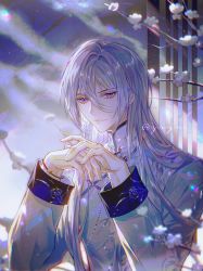 Rule 34 | 1boy, absurdres, bishounen, cael anselm, changpao, chinese clothes, flower, grey hair, highres, lens flare, long hair, looking at viewer, lovebrush chronicles, male focus, purple eyes, solo, very long hair, white flower, white hair, cael anselm, zhumojian