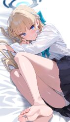 Rule 34 | 1girl, absurdres, barefoot, bed sheet, black skirt, blonde hair, blue archive, blue bow, blue bowtie, blue eyes, blue halo, blush, bow, bowtie, braid, closed mouth, collared shirt, feet, foot blush, foot focus, halo, hidis0086, highres, long hair, long toenails, looking at viewer, panties, pleated skirt, shirt, skirt, soles, solo, toenails, toes, toki (blue archive), underwear, white panties, white shirt