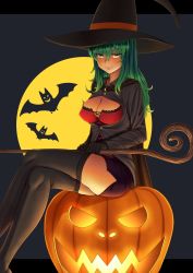 Rule 34 | 1girl, bat (animal), black thighhighs, blush, breasts, cape, cleavage, crossed legs, easy (aqk7bdqt), frills, full moon, green hair, halloween, hat, highres, jack-o&#039;-lantern, large breasts, legsn, long hair, moon, naughty face, open clothes, open shirt, original, pumpkin, shirt, sitting, sitting on object, skirt, solo, staff, thighhighs, witch hat, yellow eyes