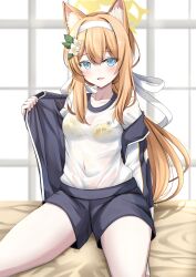 Rule 34 | 1girl, absurdres, animal ear fluff, animal ears, black shorts, blue archive, blue eyes, blush, bra, breasts, flower, gym shirt, gym uniform, hair between eyes, hair flower, hair ornament, halo, headband, highres, indoors, jacket, kamesys, long hair, long sleeves, looking at viewer, mari (blue archive), mari (track) (blue archive), official alternate costume, open clothes, open jacket, open mouth, orange hair, see-through, see-through shirt, shirt, shorts, small breasts, smile, socks, solo, track jacket, underwear, wet, wet clothes, wet shirt, white flower, white headband, white shirt, white socks, yellow bra, yellow halo