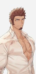 Rule 34 | 00047, 1boy, abs, alternate costume, bara, blue eyes, brown hair, bruise, bruised eye, collared shirt, cross scar, facial hair, fate/grand order, fate (series), frown, glaring, goatee, highres, large pectorals, looking at viewer, male focus, mature male, muscular, muscular male, napoleon bonaparte (fate), partially unbuttoned, pectoral cleavage, pectorals, scar, scar on chest, serious, shirt, short hair, sideburns, solo, upper body, white shirt