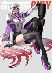 Rule 34 | 1girl, black footwear, black gloves, black necktie, black shorts, boots, breasts, collarbone, commission, decepticon, frown, genderswap, genderswap (mtf), gloves, gradient hair, grey hair, gun, hat, high heel boots, high heels, highres, holding, holding gun, holding weapon, invisible chair, kamitoge supino, long hair, medium breasts, megatron, military hat, multicolored hair, necktie, purple hair, red hair, shorts, sitting, skindentation, solo, transformers, v-shaped eyebrows, very long hair, watermark, weapon, white hat