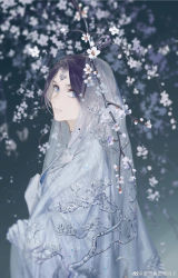 Rule 34 | 1girl, absurdres, black hair, blue eyes, branch, closed mouth, dress, expressionless, falling petals, flower, from side, gloves, gou haihaihaihai, hair ornament, highres, looking at viewer, original, petals, solo, upper body, veil, white flower, white gloves
