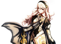 Rule 34 | 1girl, armor, cape, corrin (female) (fire emblem), corrin (fire emblem), fire emblem, fire emblem fates, fire emblem heroes, gloves, highres, holding, holding sword, holding weapon, long hair, looking at viewer, mpka yt, nintendo, painting (medium), red eyes, solo, sword, traditional media, watercolor (medium), weapon, white hair, yato (fire emblem)