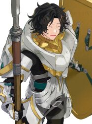 Rule 34 | 1boy, armor, black hair, closed eyes, fire emblem, fire emblem engage, full armor, highres, holding, holding polearm, holding weapon, louis (fire emblem), male focus, mikami, nintendo, open mouth, polearm, shield, short hair, shoulder armor, solo, spear, weapon, white background