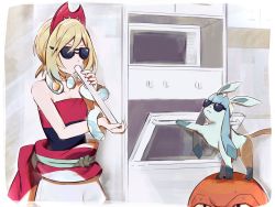 Rule 34 | 1girl, blonde hair, breasts, collar, creatures (company), flute, game freak, gen 4 pokemon, glaceon, hairband, hamachamu, highres, hisuian voltorb, indoors, instrument, irida (pokemon), jewelry, kitchen, meme, music, neck ring, nintendo, oven, playing instrument, pokemon, pokemon (creature), pokemon legends: arceus, red headwear, red shirt, shirt, shorts, small breasts, strapless, strapless shirt, sunglasses, when mama isn&#039;t home (meme), white shorts