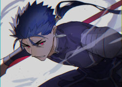 Rule 34 | 1boy, armor, artist name, blue hair, bodysuit, cu chulainn (fate), earrings, fate/stay night, fate (series), frown, furrowed brow, gae bolg (fate), hair ornament, hikaru (asteriskring), holding, holding weapon, jewelry, looking up, low ponytail, male focus, polearm, red eyes, shoulder armor, solo, spear, spiked hair, teeth, twitter username, weapon