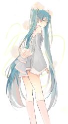 Rule 34 | 1girl, bare shoulders, blue eyes, blue hair, bow, detached sleeves, dress, flower, grey bow, grey dress, grey sleeves, hair between eyes, hair flower, hair ornament, hatsune miku, kneehighs, long hair, long sleeves, looking at viewer, looking back, lpip, parted lips, pink socks, rose, sleeveless, sleeveless dress, sleeves past wrists, socks, solo, twintails, very long hair, vocaloid, white flower, white rose