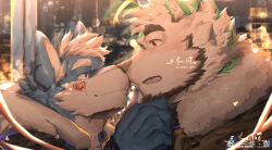 Rule 34 | 2boys, absurdres, animal ears, bara, beard, blue fur, blush, eye contact, facial hair, feeling facial hair, from side, furry, furry male, furry with furry, highres, imminent kiss, looking at another, male focus, mature male, multiple boys, noses touching, original, portrait, profile, raised eyebrows, red eyes, seductive smile, short hair, smile, thick eyebrows, two-tone fur, white fur, winters29208178, wolf boy, wolf ears, yaoi