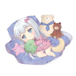 Rule 34 | 1girl, bad id, bad pixiv id, barefoot, blue eyes, blush, bow, chibi, closed mouth, commentary request, crescent, eromanga sensei, foreign blue, frilled shirt, frilled shorts, frilled sleeves, frills, hair bow, holding, holding stuffed toy, izumi sagiri, long hair, long sleeves, looking at viewer, lying, on side, pajamas, pillow, pink bow, pink pajamas, pink shirt, pink shorts, shirt, short shorts, shorts, silver hair, simple background, solo, star (symbol), stuffed animal, stuffed octopus, stuffed toy, teddy bear, very long hair, watermark, web address, white background