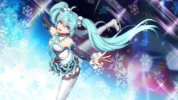 Rule 34 | 1girl, :d, aqua hair, bad id, bad pixiv id, black skirt, blue eyes, blush, breasts, collar, commentary request, detached collar, detached sleeves, dutch angle, figure skating, frilled collar, frilled shirt, frilled sleeves, frills, hatsune miku, highres, ice skates, layered skirt, leg up, long hair, long sleeves, looking at viewer, open mouth, outstretched arms, pantyhose, shirt, skates, skating, skirt, small breasts, smile, snowflakes, solo, split, spread arms, standing, standing on one leg, standing split, strapless, tube top, twintails, very long hair, vocaloid, white footwear, white pantyhose, white shirt, y.i. (lave2217)