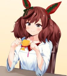Rule 34 | 1girl, animal ears, blush, bow, breasts, brown background, brown eyes, brown hair, chair, closed mouth, collarbone, commentary request, ear bow, green bow, hands up, highres, holding, horse ears, irohara, long sleeves, multicolored hair, nice nature (umamusume), on chair, red shirt, shirt, simple background, small breasts, smile, solo, streaked hair, table, twintails, umamusume, upper body, white shirt, wide sleeves