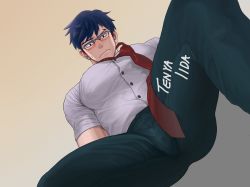Rule 34 | 1boy, alternate pectoral size, ass, bara, blue hair, blush, boku no hero academia, bulge, dido (dido 200207), feet out of frame, glasses, highres, iida tenya, large pectorals, looking at viewer, loose necktie, male focus, muscular, muscular male, necktie, pectorals, red necktie, school uniform, short hair, sideburns, sleeves rolled up, solo, spread legs, thick thighs, thighs, u.a. school uniform