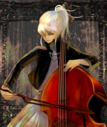 Rule 34 | 00s, 1girl, blue eyes, cello, cropped jacket, double bass, hair over one eye, hikaru (messiah), instrument, melty blood, music, playing instrument, ponytail, riesbyfe stridberg, short ponytail, solo, tsukihime, white hair