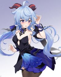 Rule 34 | 1girl, absurdres, ahoge, arm up, armpits, black choker, black dress, black pantyhose, blue hair, blush, bow, breasts, choker, cleavage, cosplay, dress, feint721, ganyu (genshin impact), genshin impact, hair ornament, highres, horns, keqing (genshin impact), keqing (genshin impact) (cosplay), keqing (opulent splendor) (genshin impact), long hair, looking to the side, low twintails, medium breasts, open mouth, pantyhose, purple eyes, sideboob, sidelocks, solo, standing, twintails