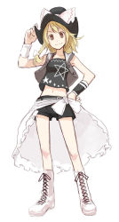 Rule 34 | 1girl, advent cirno, alternate costume, blonde hair, boots, brown eyes, cross-laced footwear, cuffs, female focus, hat, kirisame marisa, lace-up boots, midriff, navel, short shorts, shorts, solo, tank top, touhou, ushiki yoshitaka, vest, white footwear, witch hat