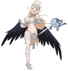 Rule 34 | 1boy, 1girl, alternate costume, ayumu (blue archive), bandaged arm, bandaged foot, bandaged hand, bandaged head, bandaged leg, bandaged neck, bandages, black wings, blonde hair, blue archive, blue skin, blush, breasts, closed eyes, colored skin, commentary request, doodle sensei (blue archive), dot nose, feathered wings, fleeing, flying teardrops, full body, girly running, halloween costume, halo, highres, large breasts, long hair, momomatang, mouth hold, naked bandage, navel, open mouth, patchwork skin, running, running towards viewer, sensei (blue archive), simple background, standing, stitched face, stitched hand, stitched leg, stitches, tears, very long hair, wavy mouth, white background, wings