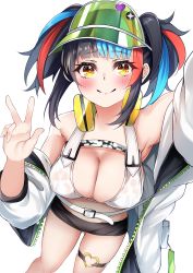Rule 34 | 1girl, absurdres, bare shoulders, bikini, black hair, black shorts, blue hair, blush, breasts, cleavage, fate/grand order, fate (series), green hat, hat, headphones, headphones around neck, highres, jacket, large breasts, len (hand linke), long hair, long sleeves, looking at viewer, multicolored hair, navel, off shoulder, open clothes, open jacket, red hair, sei shounagon (fate), sei shounagon (swimsuit berserker) (fate), short shorts, shorts, sidelocks, smile, solo, swimsuit, thigh strap, thighs, twintails, visor cap, w, white bikini, white jacket, yellow eyes