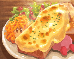 Rule 34 | bread, bread slice, cheese, colored skin, food, food focus, foodification, in food, kirby, kirby&#039;s dream land, kirby (series), lettuce, looking at viewer, miclot, nintendo, no humans, pink footwear, pink skin, plate, tomato, tomato slice, waddle dee