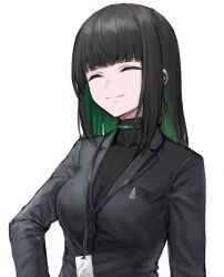 Rule 34 | 1girl, absurdres, allmind (armored core 6), armored core, armored core 6, black hair, black suit, colored inner hair, earpiece, erorange, formal, green hair, highres, lanyard, long hair, multicolored hair, personification, smile, solo, suit, white background