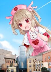 Rule 34 | 1girl, apron, artist request, bandaged arm, bandages, blue sky, building, city, cloud, collared shirt, giant, giantess, hair ornament, hat, highres, light brown hair, natori sana, nurse cap, open mouth, outdoors, pink apron, pink hat, puffy short sleeves, puffy sleeves, rabbit hair ornament, red eyes, sana channel, shirt, short sleeves, signature, sky, skyscraper, smile, solo, two side up, virtual youtuber, white shirt