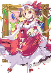 Rule 34 | 1girl, :q, adapted costume, arm garter, ascot, black ribbon, blush, boots, bow, bowtie, clothes lift, cross-laced footwear, crystal, dress, dress lift, flandre scarlet, hat, hat ribbon, highres, juliet sleeves, lace-up boots, lifting own clothes, long sleeves, looking at viewer, mob cap, painting (object), puffy sleeves, red bow, red bowtie, red dress, red ribbon, ribbon, side ponytail, smile, solo, tetsurou (fe+), tongue, tongue out, touhou, underbust, white footwear, white ribbon, wings, yellow bow