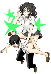 Rule 34 | 1boy, 1girl, alternate eye color, amagami, arm support, black hair, black skirt, breasts, carrying, cleavage, commentary request, grin, hair over eyes, hand up, highres, index finger raised, legs, loafers, looking at viewer, messy hair, mojimojiable, navel, no socks, one eye closed, open mouth, pants, partially unbuttoned, piggyback, shoes, simple background, skirt, smile, star (symbol), tachibana junichi, tanamachi kaoru, white background