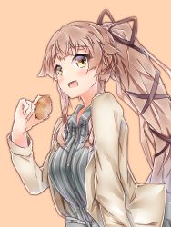 Rule 34 | 1girl, :d, absurdres, alternate costume, blue shirt, blush, breasts, brown jacket, collared shirt, cream puff, food, from side, green eyes, hair flaps, hair ribbon, halkawa501, highres, holding, holding food, jacket, kantai collection, long hair, looking at viewer, medium breasts, open mouth, pink background, pink hair, ponytail, ribbon, shirt, simple background, smile, solo, striped clothes, striped shirt, very long hair, yura (kancolle)