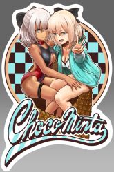 Rule 34 | 2girls, abazu-red, ahoge, aqua jacket, bare shoulders, bikini, black bow, blonde hair, bow, breasts, checkered background, cleavage, cleavage cutout, clothing cutout, dark-skinned female, dark skin, english text, fate/grand order, fate (series), grey eyes, hair bow, half updo, ice cream cone, jacket, large breasts, long sleeves, looking at viewer, multiple girls, okita souji (fate), okita souji (koha-ace), okita souji alter (fate), one-piece swimsuit, open mouth, oversized food, oversized object, red one-piece swimsuit, short hair, smile, swimsuit, thighs, v, white bikini, white hair