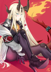Rule 34 | 1girl, ahoge, arknights, armband, armor, bodysuit, cosplay, dragon horns, dragon tail, fate/grand order, fate (series), fiery tail, flame-tipped tail, high heels, horns, jacket, long hair, noto mamiko, okitakung, pauldrons, red background, reed (arknights), scathach (fate), scathach (fate) (cosplay), shoulder armor, signature, sitting, tail, voice actor connection, white jacket