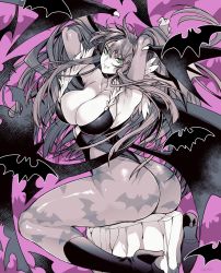 Rule 34 | 1girl, animal print, armpits, arms behind head, ass, bat (animal), bat background, bat print, bat wings, boots, breasts, capcom, cleavage, clothing cutout, commentary request, demon girl, fang, head wings, heart cutout, high heel boots, high heels, highres, large breasts, leotard, long hair, looking at viewer, looking back, low wings, monochrome, morrigan aensland, pantyhose, print pantyhose, sitting, smile, solo, takatsuki ichi, vampire (game), wings