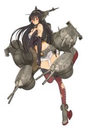 Rule 34 | 10s, 1girl, bare shoulders, black hair, boots, breasts, cannon, covering privates, covering breasts, elbow gloves, fingerless gloves, full body, gloves, hair ornament, hairband, headgear, kantai collection, long hair, mecha musume, midriff, nagato (kancolle), official art, personification, red thighhighs, shirt, shizuma yoshinori, skirt, solo, thighhighs, torn clothes, torn shirt, transparent background, turret, yellow eyes