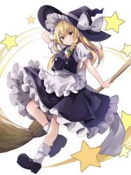 Rule 34 | 1girl, :d, apron, arm up, back bow, black footwear, black skirt, black vest, blonde hair, bow, braid, breasts, broom, buttons, commentary, frills, full body, green bow, hat, hat bow, highres, hyurasan, kirisame marisa, leg up, long hair, looking at viewer, mary janes, open mouth, petticoat, puffy short sleeves, puffy sleeves, shoes, short sleeves, simple background, single braid, skirt, small breasts, smile, solo, star (symbol), teeth, touhou, vest, white background, white bow, white legwear, witch hat, yellow eyes