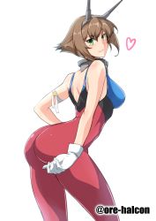 Rule 34 | 10s, 1girl, armlet, ass, bodysuit, brown eyes, brown hair, closed mouth, cosplay, cowboy shot, cutie honey, cutie honey (character), cutie honey (cosplay), from behind, gloves, green eyes, halcon, headgear, heart, highres, kantai collection, looking at viewer, looking back, mutsu (kancolle), purple bodysuit, short hair, simple background, sleeveless, smile, solo, standing, white background, white gloves