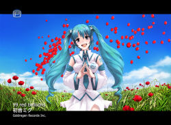 Rule 34 | 1girl, aqua hair, bad id, bad pixiv id, balloon, blue eyes, day, detached sleeves, field, flower, goldregen, grass, hatsune miku, letterboxed, long hair, microphone, necktie, sky, solo, twintails, vocaloid