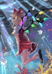 Rule 34 | 1girl, air bubble, black footwear, blonde hair, bow, bubble, clownfish, fish, flandre scarlet, frilled shirt collar, frilled skirt, frilled sleeves, frills, from side, full body, glowing, glowing wings, hat, hat bow, hat ribbon, highres, jellyfish, looking at viewer, mob cap, multicolored wings, puffy short sleeves, puffy sleeves, red bow, red eyes, red ribbon, red skirt, red vest, ribbon, ribbon-trimmed headwear, ribbon trim, shirt, shoe soles, shoes, short sleeves, skirt, skirt set, socks, solo, touhou, underwater, vest, white hat, white shirt, white socks, wings, ziran juan