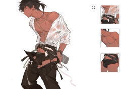 Rule 34 | 1boy, absurdres, arknights, belt, black hair, black pants, bulge, closed mouth, dark-skinned male, dark skin, ear piercing, highres, jewelry, magicxbai, male focus, male underwear, multiple views, necklace, open clothes, pants, pectorals, piercing, ponytail, shirt, short ponytail, simple background, thorns (arknights), thorns (blade-cleaved tides) (arknights), toned, toned male, underwear, white background, white shirt