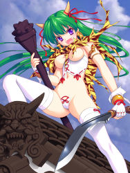 Rule 34 | 1girl, animal print, breasts, censored, convenient censoring, corset, day, demon girl, earrings, fang, green hair, highres, horns, jewelry, knife, kukri, large breasts, legs, long hair, long legs, maebari, miyama amehiko, oni, open mouth, original, purple eyes, revealing clothes, ribbon, solo, staff, sword, thighhighs, thighs, tiger print, weapon, white thighhighs