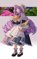 Rule 34 | 1girl, absurdres, alternate costume, apple, black footwear, blue flower, bread, closed mouth, clynxen, flower, food, fruit, full body, highres, holding, holding flower, hydrangea, long hair, looking at viewer, mary janes, patchouli knowledge, photo background, picnic basket, pink flower, purple eyes, purple flower, purple hair, red apple, shoes, socks, solo, standing, touhou, very long hair, white headwear, white socks, yellow flower