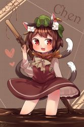 Rule 34 | 1girl, :3, :p, animal ear fluff, animal ears, blush, bow, bowtie, brown background, brown eyes, brown hair, brown theme, cat ears, cat tail, character name, chen, chocolate, commentary request, contrapposto, dress, feet out of frame, food, hat, highres, holding, holding stick, ibaraki natou, looking at viewer, mob cap, multiple tails, nekomata, pocky, red dress, short hair, simple background, solo, standing, stick, tail, tongue, tongue out, touhou, two tails