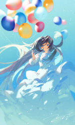 Rule 34 | 1girl, balloon, black hair, blue eyes, blue sky, blush, closed mouth, commentary request, dress, expressionless, highres, light particles, long hair, original, potg (piotegu), signature, sky, solo, white dress