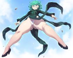 Rule 34 | 1girl, bare legs, breasts, cameltoe, cleft of venus, female focus, floating, gluteal fold, green eyes, green hair, looking at viewer, matching hair/eyes, mogudan, one-punch man, short hair, small breasts, solo, tatsumaki, telekinesis, thick thighs, thighs, thong