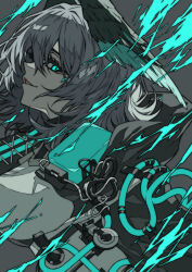 Rule 34 | 1girl, absurdres, arknights, blue eyes, blue feathers, blue wings, commentary, feathers, from side, grey background, grey hair, head wings, highres, ho&#039;olheyak (arknights), ligne claire, long hair, looking at viewer, messy hair, profile, shokikanes, simple background, smile, solo, spot color, two-tone wings, upper body, wings