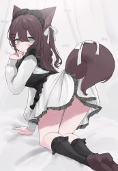 Rule 34 | 1girl, :&lt;, absurdres, all fours, animal ear fluff, animal ears, apron, black apron, black socks, bow, brown hair, double-parted bangs, dress, frilled dress, frills, from behind, green eyes, hair between eyes, hair bow, hand on own chin, hand up, highres, kneehighs, kohaku sogo, loafers, long hair, looking at viewer, maid, maid headdress, one side up, original, shoes, socks, solo, tail, tail bow, tail ornament, white bow, white dress