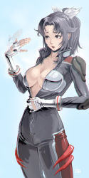 Rule 34 | 1girl, afterimage, bad id, bad pixiv id, biker clothes, bikesuit, black hair, blue background, bodysuit, bracer, breasts, brown eyes, center opening, cleavage, cowboy shot, elbow pads, fanning face, fanning self, female focus, fingerless gloves, flipped hair, full-length zipper, gloves, hair ornament, high ponytail, hot, kanchiyo, large breasts, looking to the side, no bra, open mouth, ponytail, raised eyebrows, school girl strikers, shoulder pads, signature, solo, sweat, tanaka sachiko (school girl strikers), unzipping, white gloves, zipper