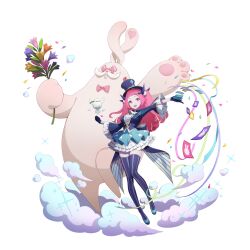 Rule 34 | 1girl, ascot, bird, breasts, brooch, card, cleavage, cloud, confetti, creature, dress, eversoul, flower, frilled dress, frills, full body, game cg, hat, highres, holding, holding card, holding flower, jewelry, long hair, looking at viewer, magician, medium breasts, non-web source, official art, open mouth, pale skin, pink eyes, pink hair, playing card, prim (eversoul), rabbit, recolored, sparkle, striped clothes, striped thighhighs, tachi-e, teeth, thighhighs, top hat, transparent background, twintails, upper teeth only, vertical-striped clothes, vertical-striped thighhighs, white bird