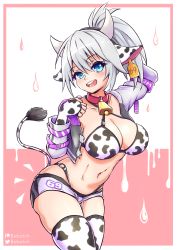 Rule 34 | 1girl, absurdres, animal ears, animal print, bebatch, bell, bikini, bikini top only, blue eyes, breasts, collar, cow ears, cow girl, cow horns, cow print, cow print bikini, cowbell, cowboy shot, ear tag, elbow gloves, fingerless gloves, gloves, highres, horns, indie virtual youtuber, large breasts, looking at viewer, melody (projektmelody), neck bell, ponytail, print bikini, shorts, smile, solo, swimsuit, thighhighs, virtual youtuber, vshojo, white hair, white shorts